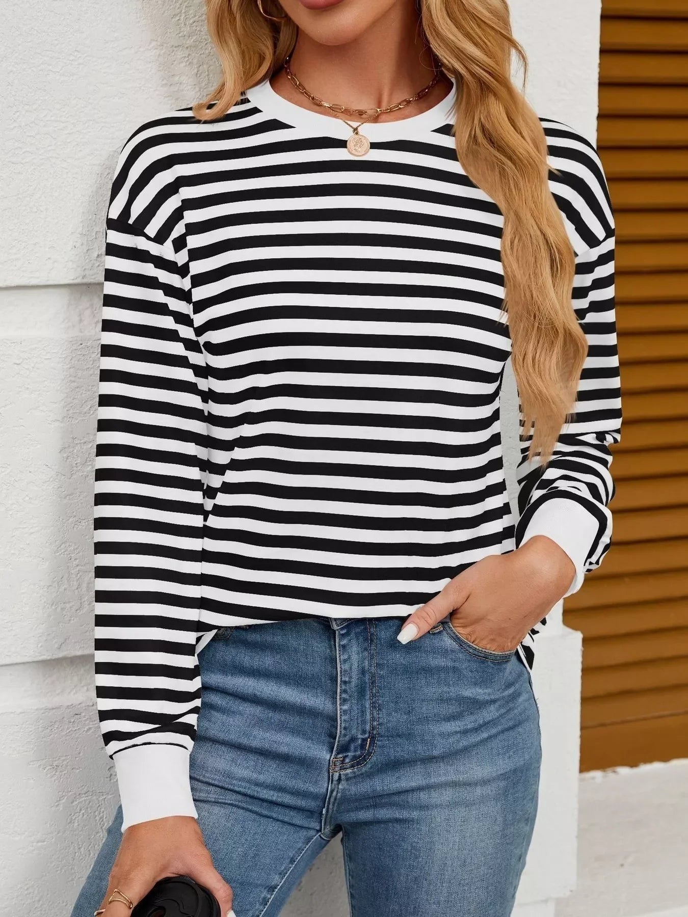 Striped Round Neck Long Sleeve T-Shirt - Southern Shores Clothing