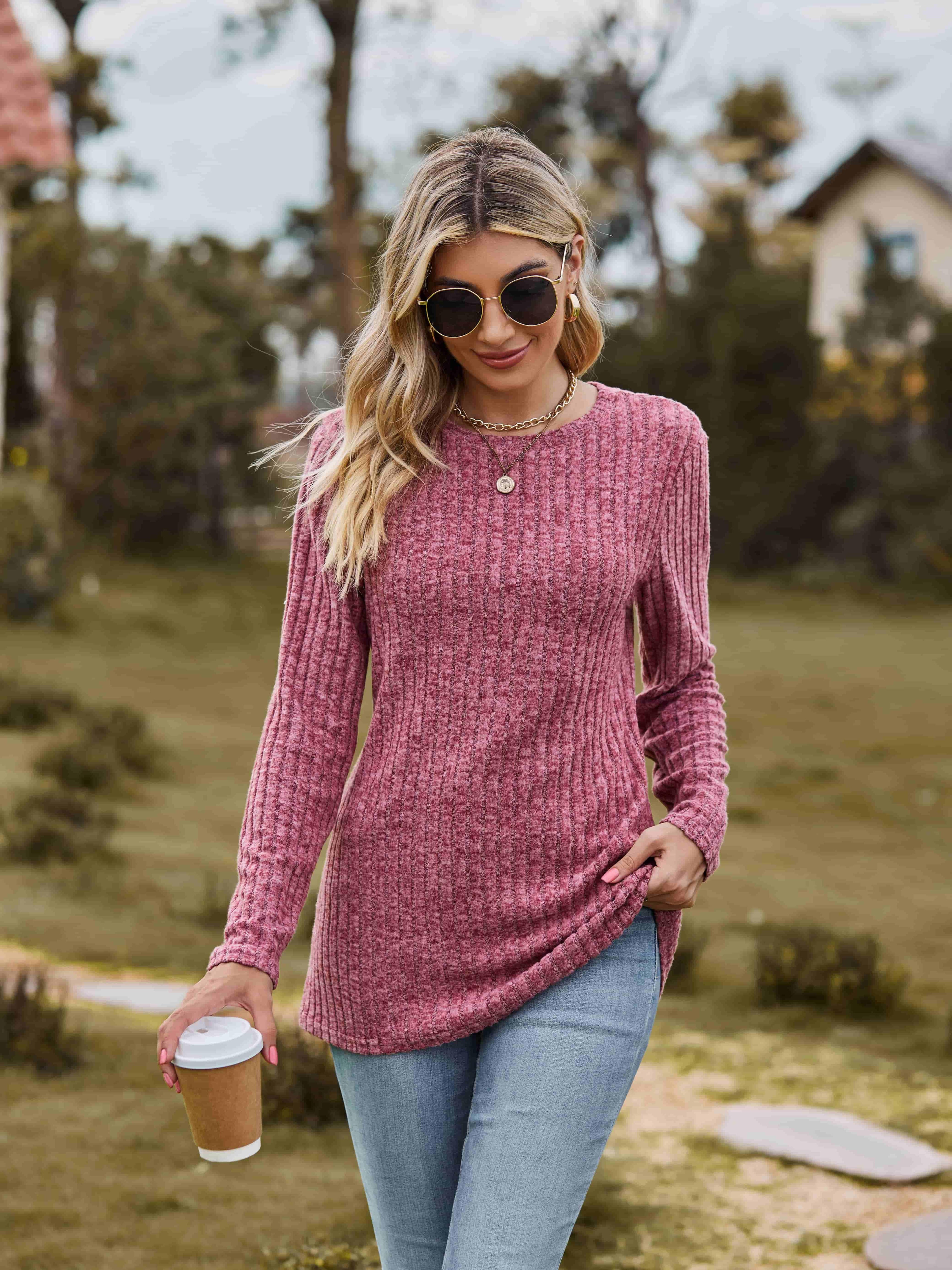 Ribbed Round Neck Long Sleeve Tee For Everyday Wear - Southern Shores Clothing