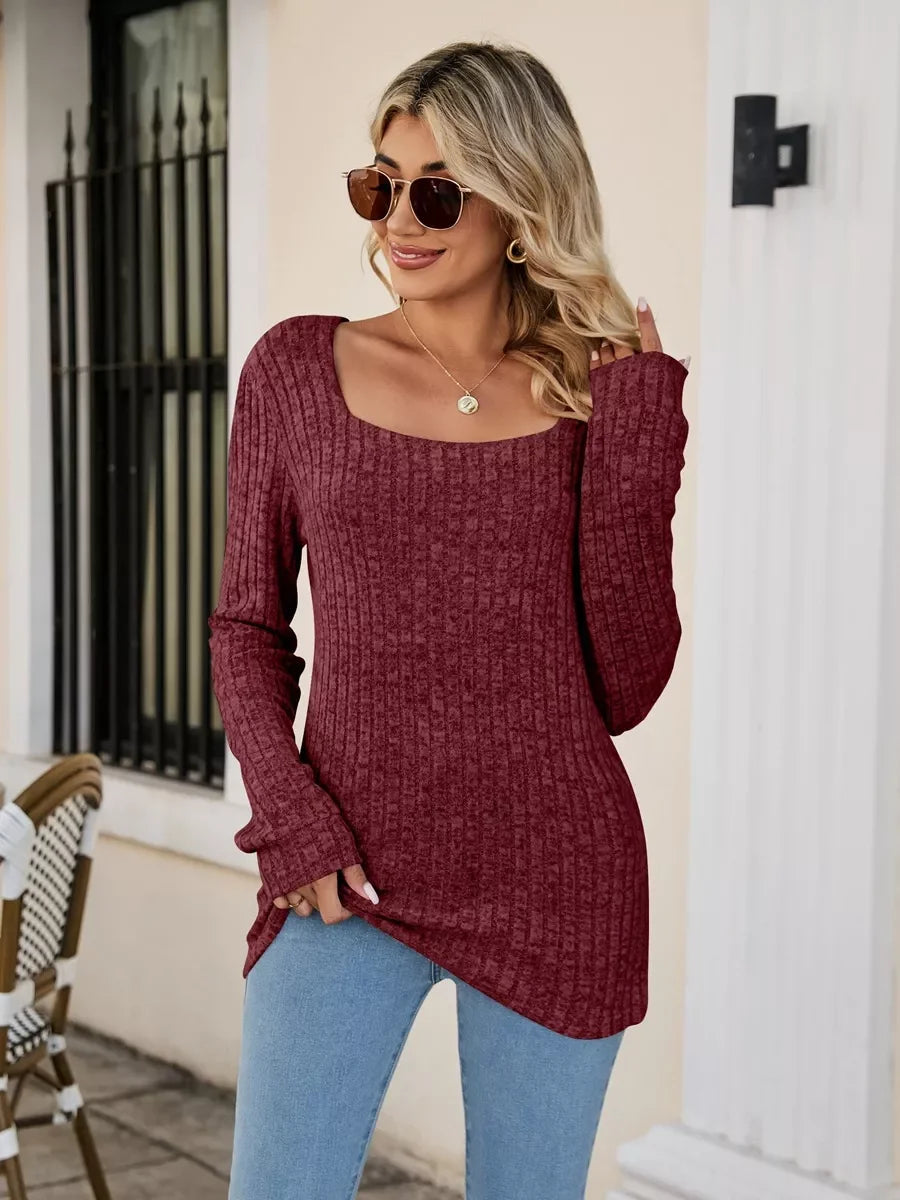 Ribbed Square Neck Long Sleeve Stretch T Shirt - Southern Shores Clothing