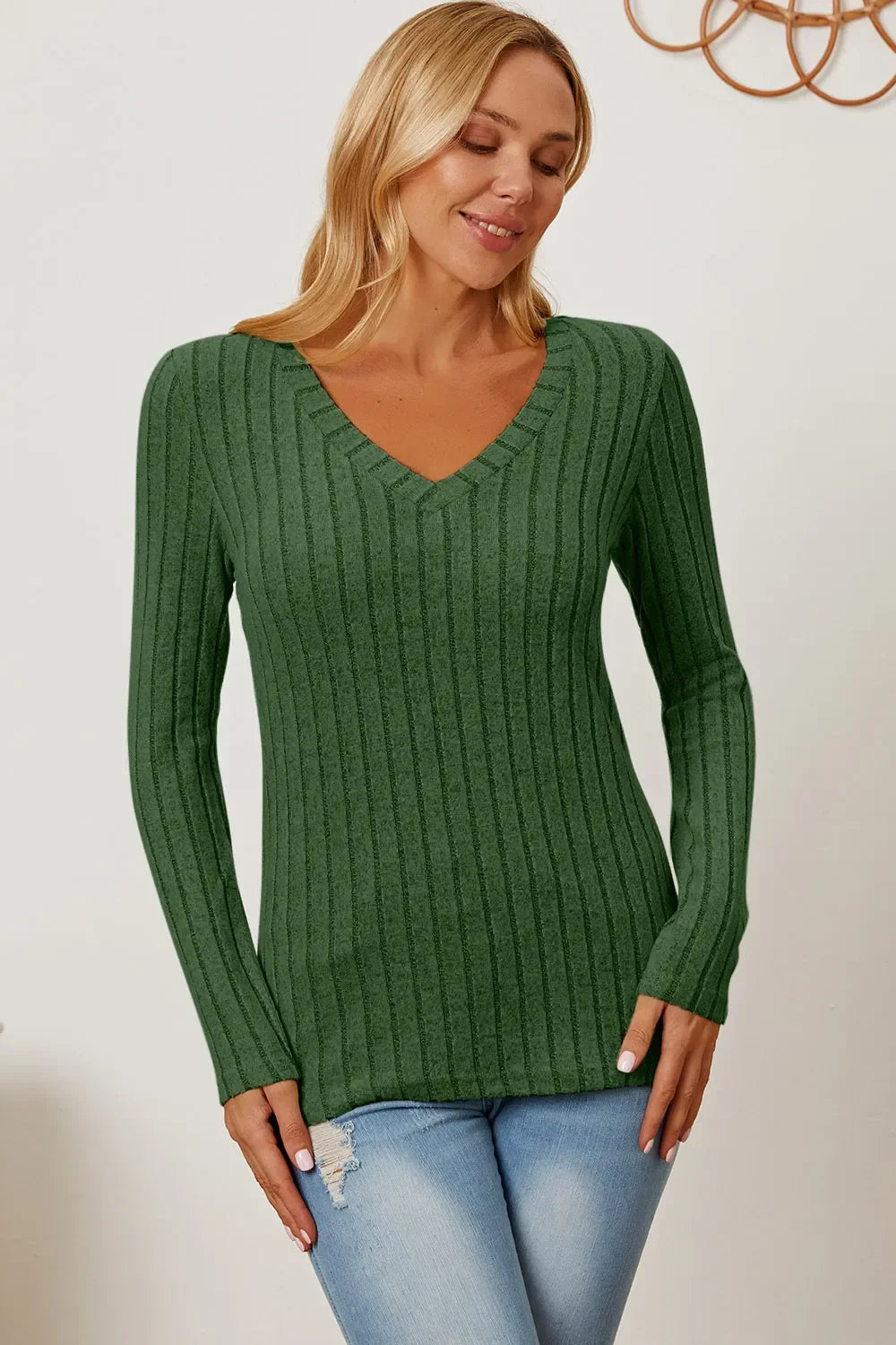 Classic Ribbed V-Neck Long Sleeve Knit Tee Top - Southern Shores Clothing