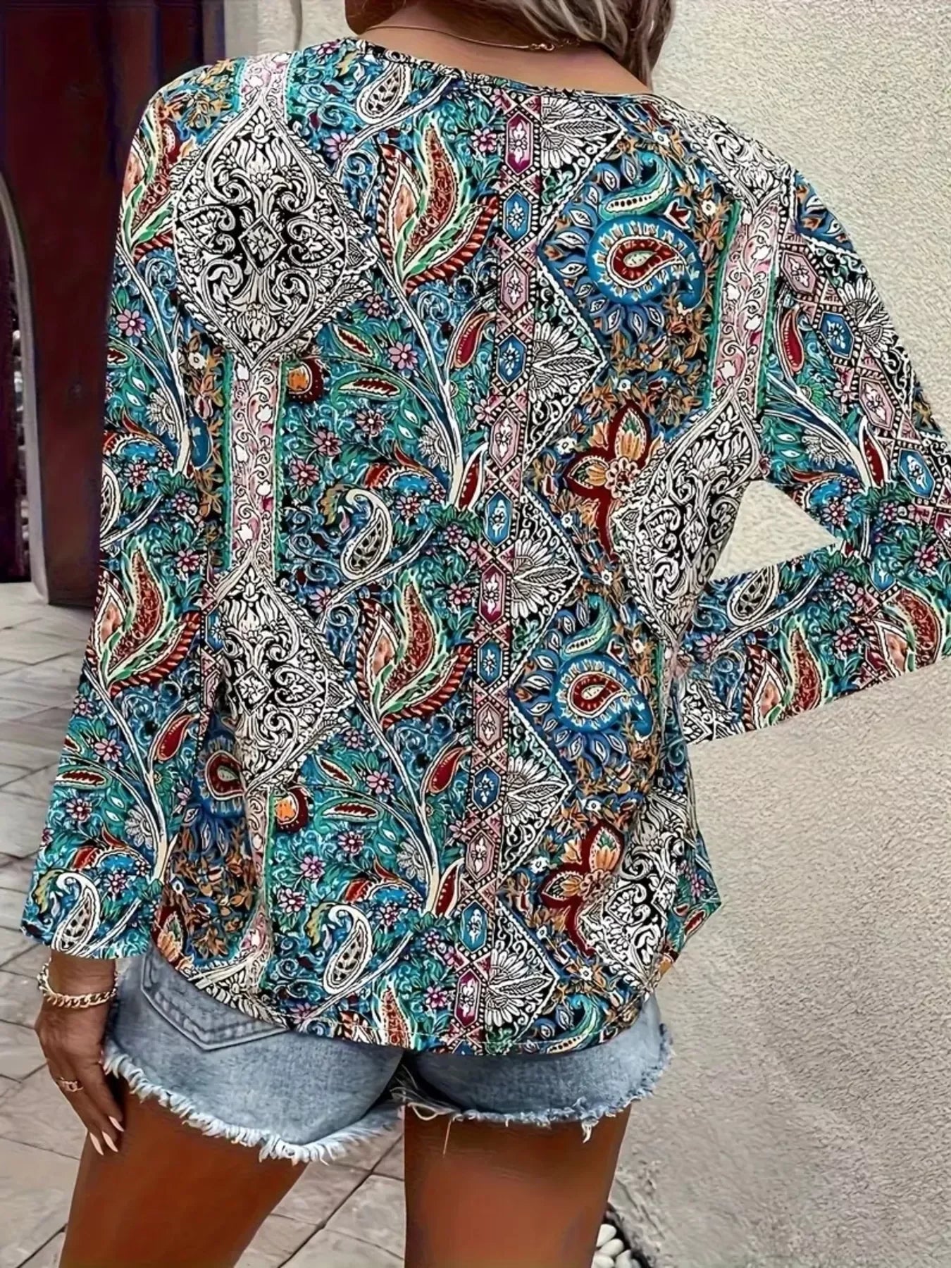 Paisley Print V Neck Long Sleeve Blouse Silhouette Classic - Southern Shores Clothing
