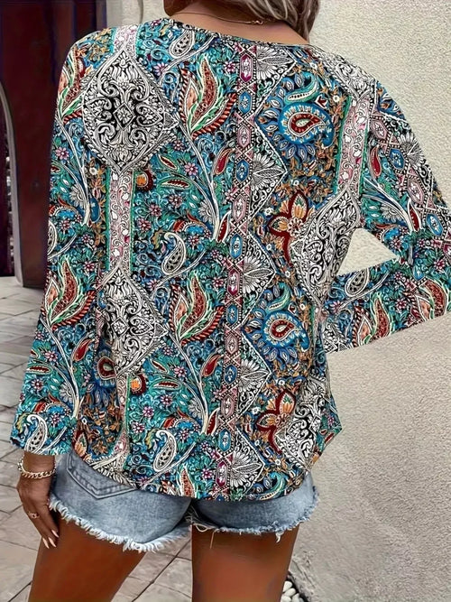 Paisley Print V Neck Long Sleeve Blouse Silhouette Classic - Southern Shores Clothing