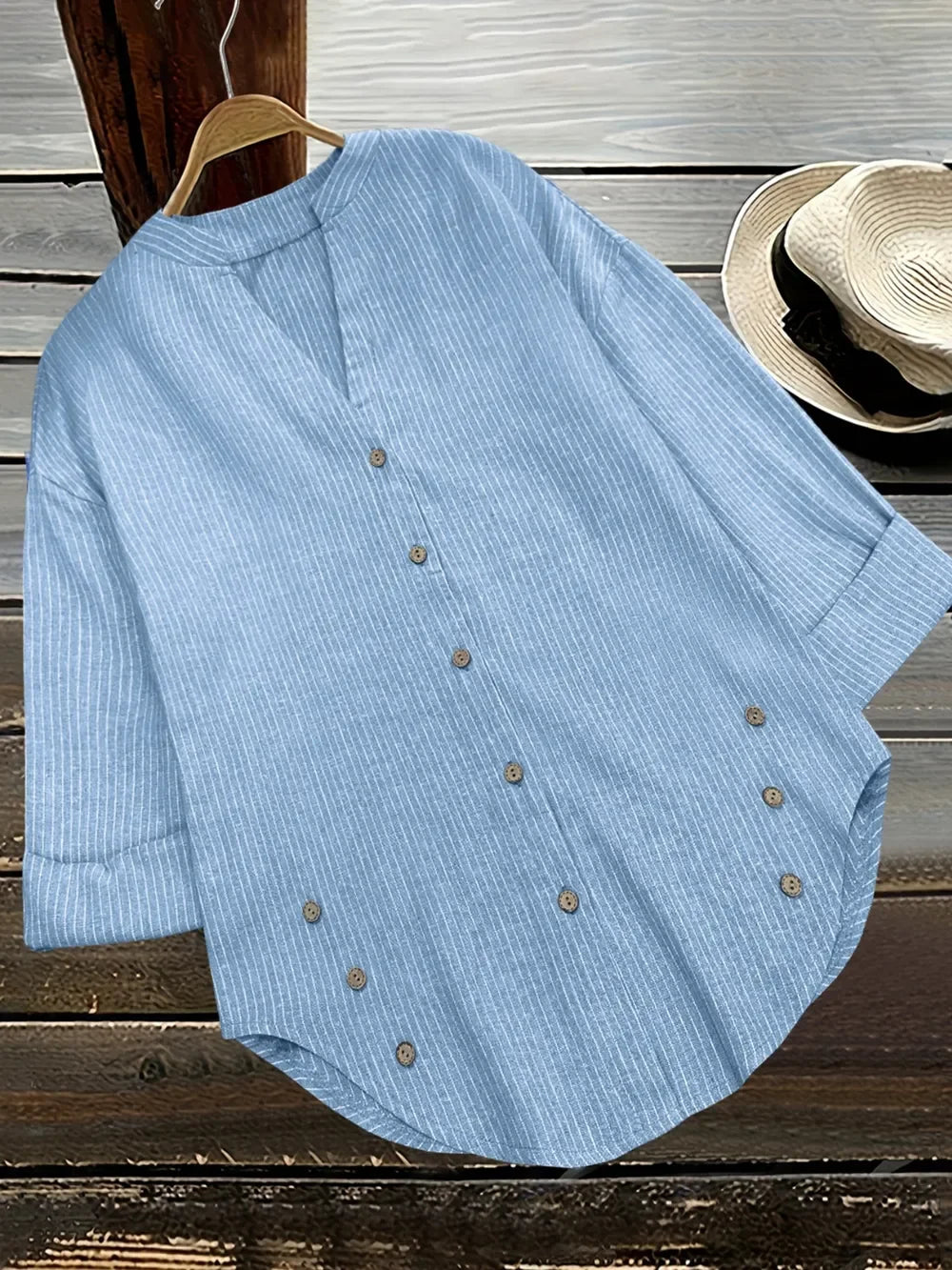 Striped Notched Long Sleeve Blouse For Daily Wear - Southern Shores Clothing