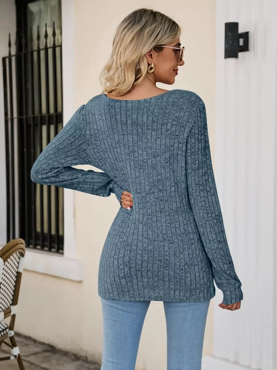 Ribbed Square Neck Long Sleeve Stretch T Shirt - Southern Shores Clothing