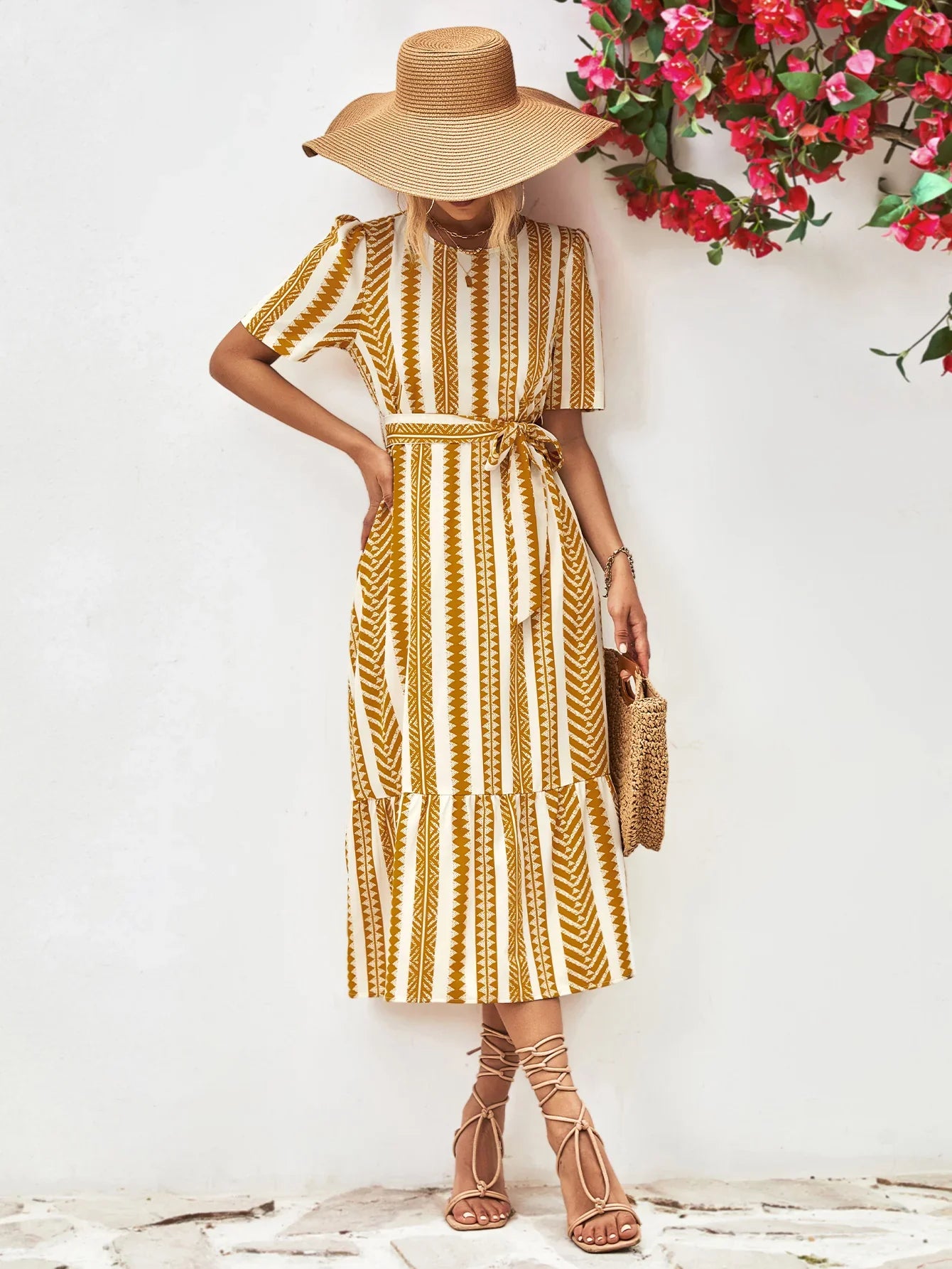 Striped Tie Belt Round Neck Puff Sleeve Dress - Southern Shores Clothing