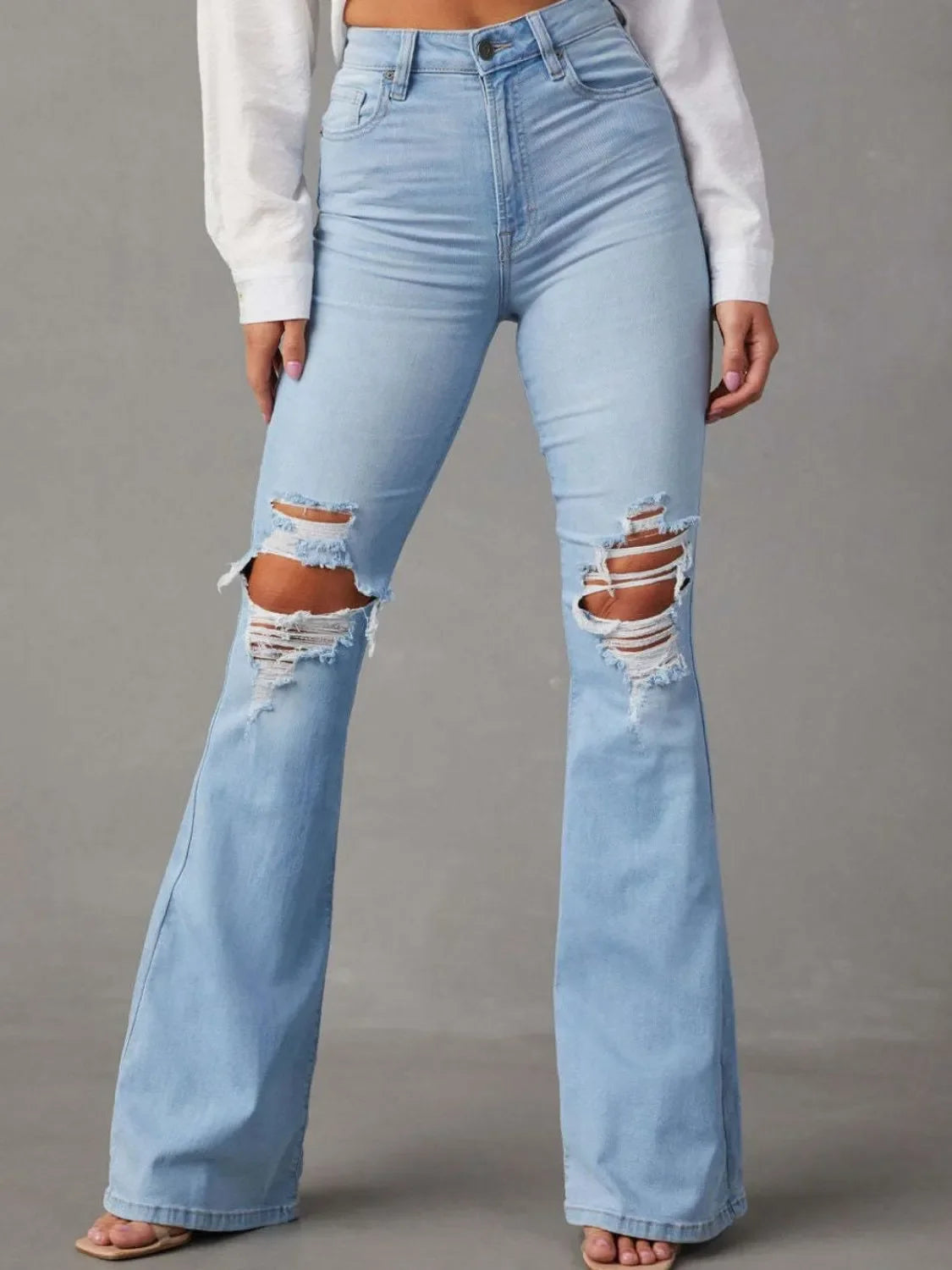 Stretchy Denim Distressed Jeans With Pockets