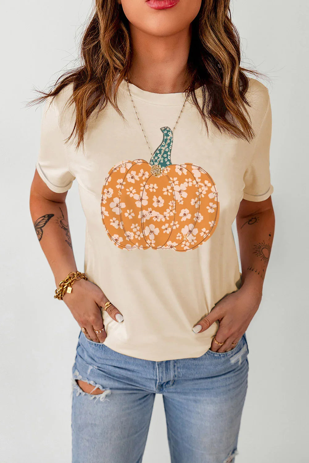 Pumpkin Graphic Round Neck Short Sleeve T Shirt - Southern Shores Clothing