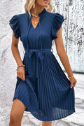 Perfee Tie Neck Belted Pleated Dress - Southern Shores Clothing