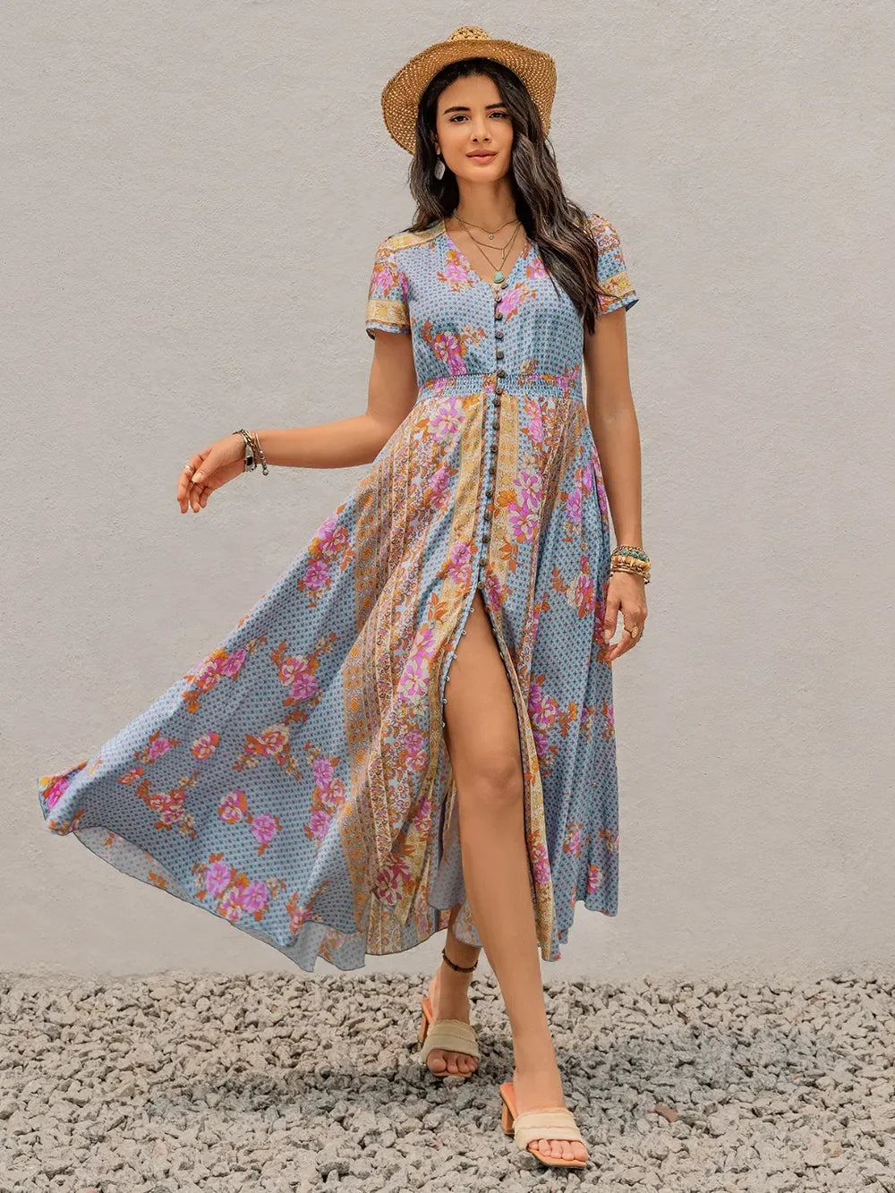 Smocked Floral V-Neck Midi Dress With Buttoned Slit Ruched - Southern Shores Clothing