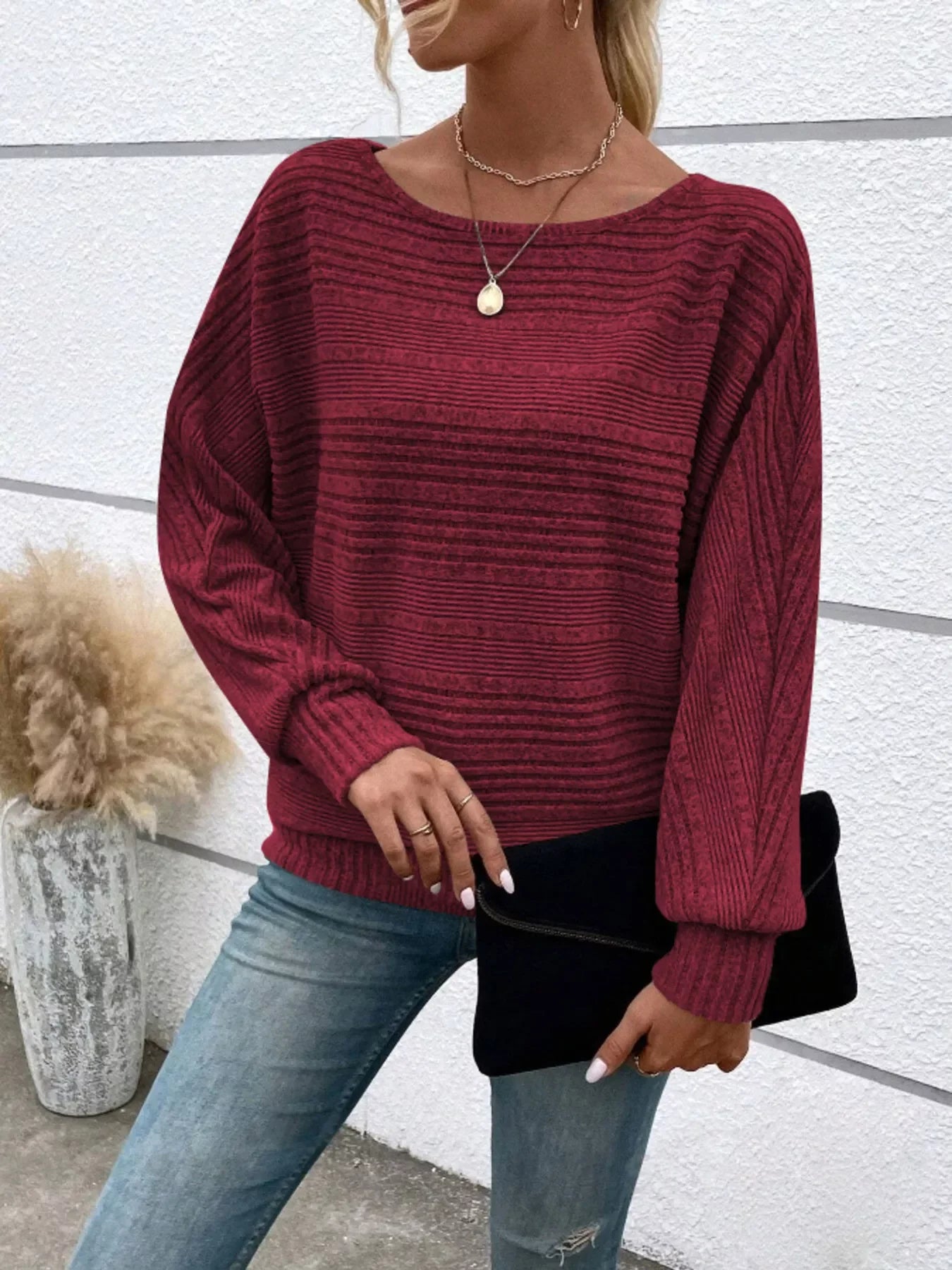 Ribbed Round-Neck Long-Sleeve T-Shirt With Slight Stretch - Southern Shores Clothing