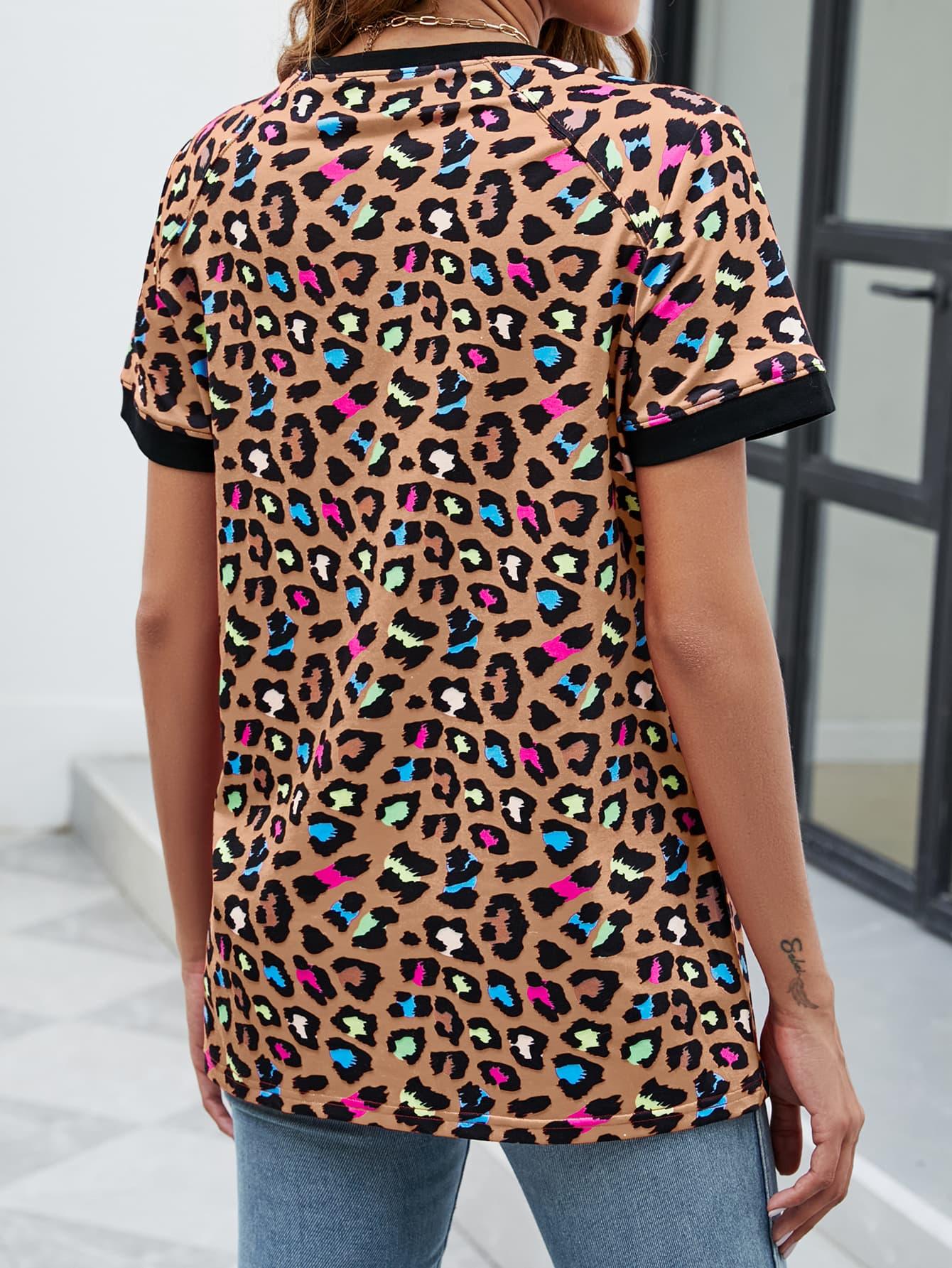 Leopard Print V-Neck Long T-Shirt With Stretchy Fabric - Southern Shores Clothing