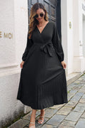Pleated Long Sleeve Surplice Maxi Dress - Southern Shores Clothing