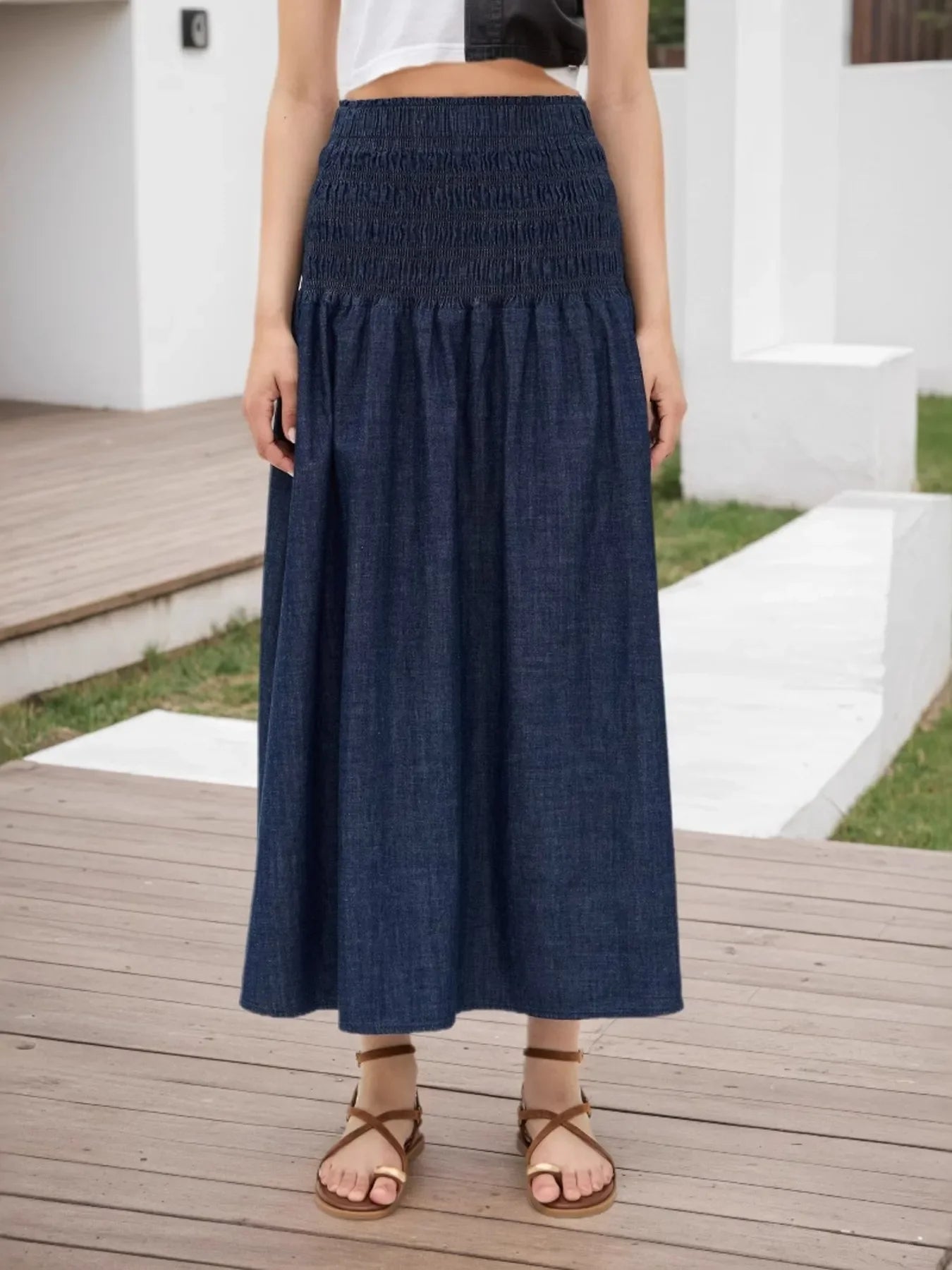 Classic Elastic Waist Midi Skirt With Stretch - Southern Shores Clothing