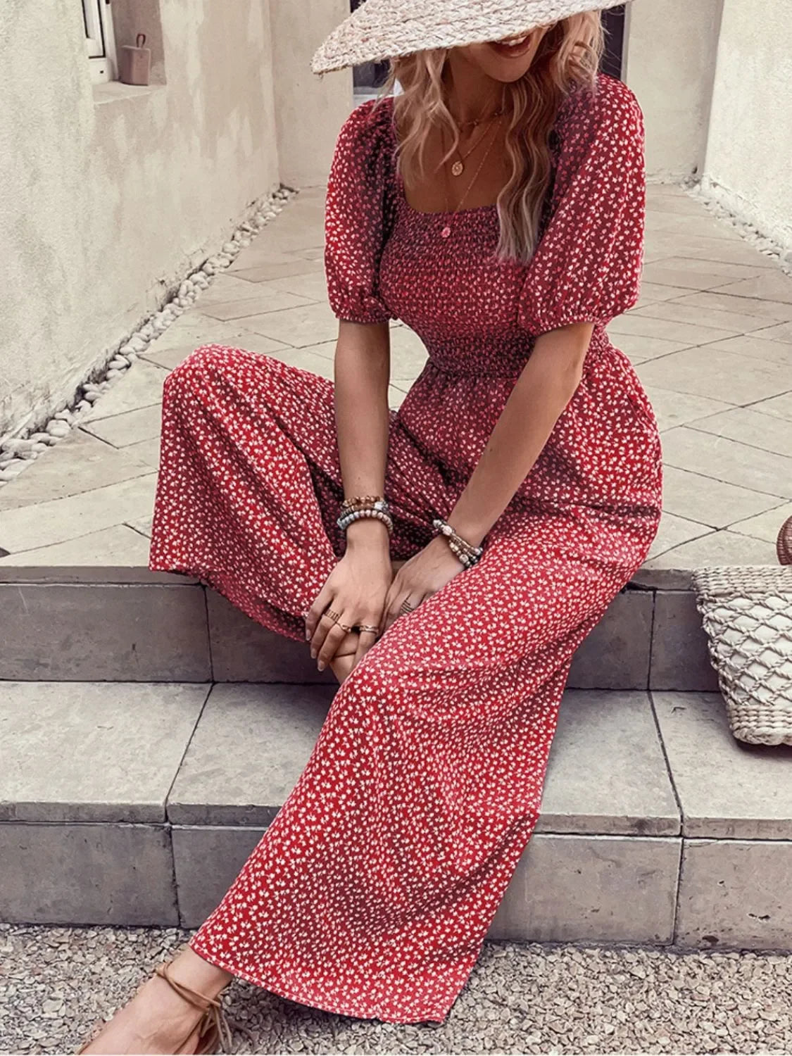 Printed Square Neck Puff Sleeve Jumpsuit - Southern Shores Clothing