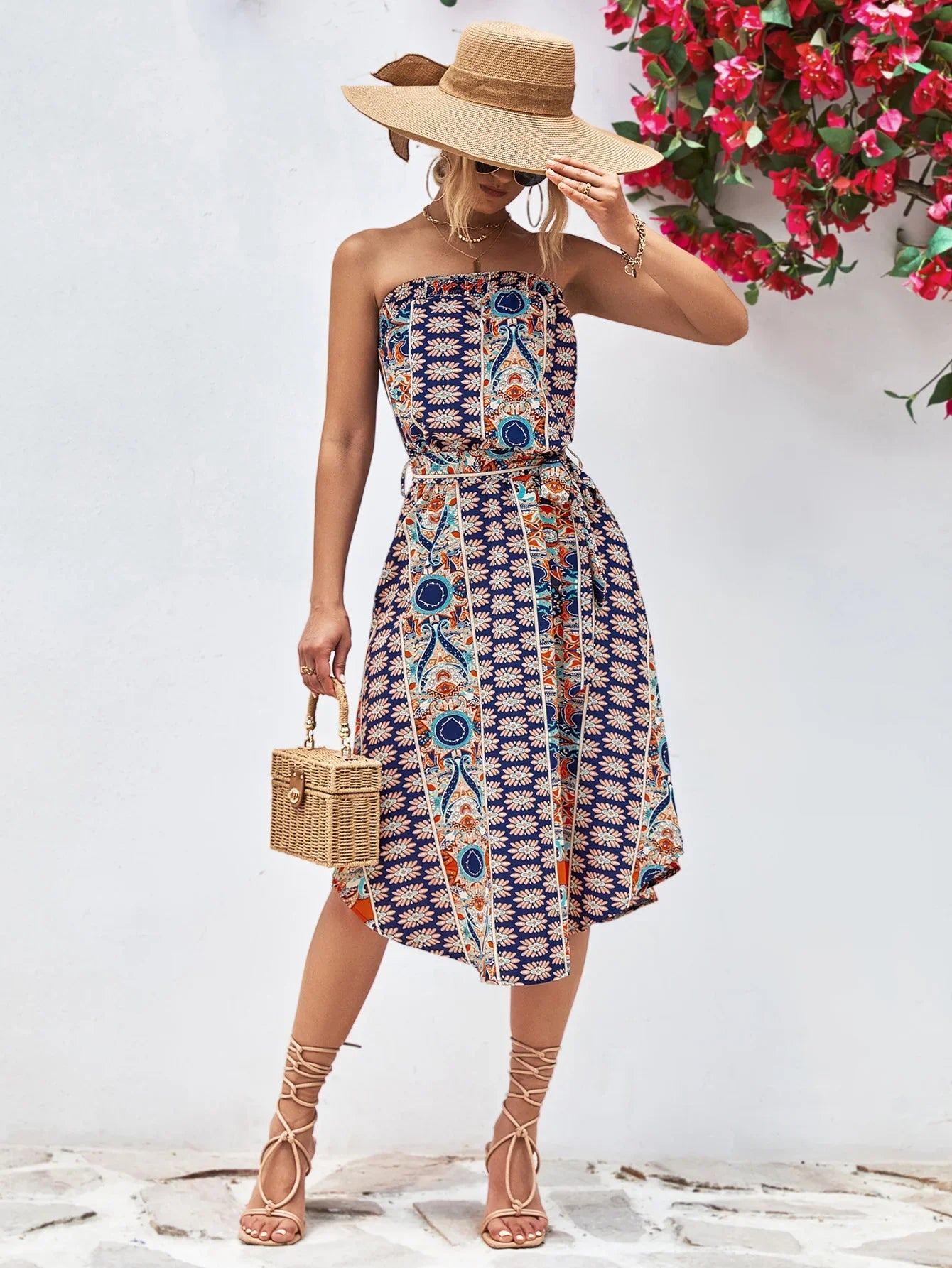 Printed Strapless Tie Belt Dress - Southern Shores Clothing