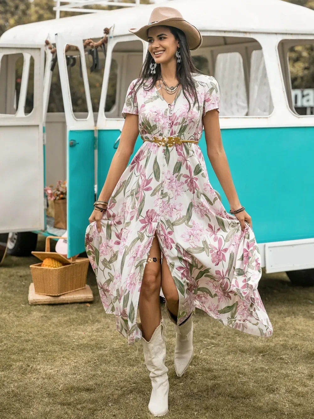 Casual Floral V Neck Slit Dress With Pockets - Southern Shores Clothing