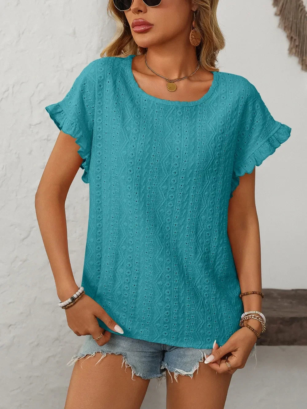 Eyelet Frill Round Neck Short Sleeve Top - Southern Shores Clothing
