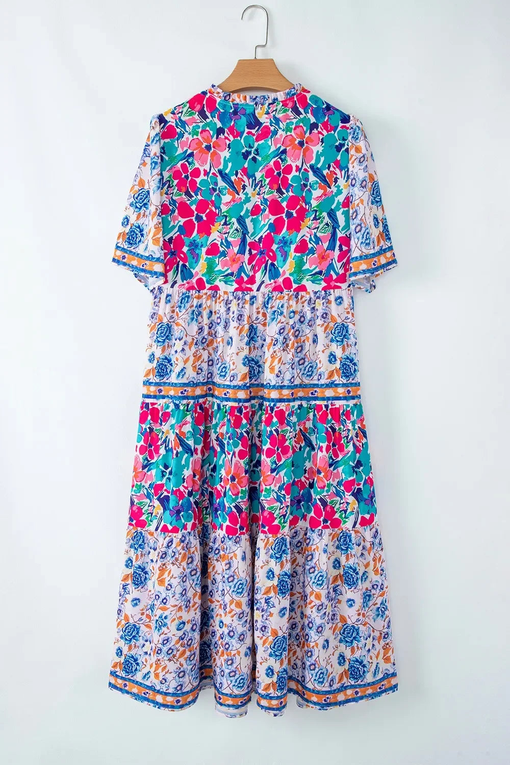 Mixed Floral Print Tie Neck Short Sleeve Tiered Frill Dress - Southern Shores Clothing