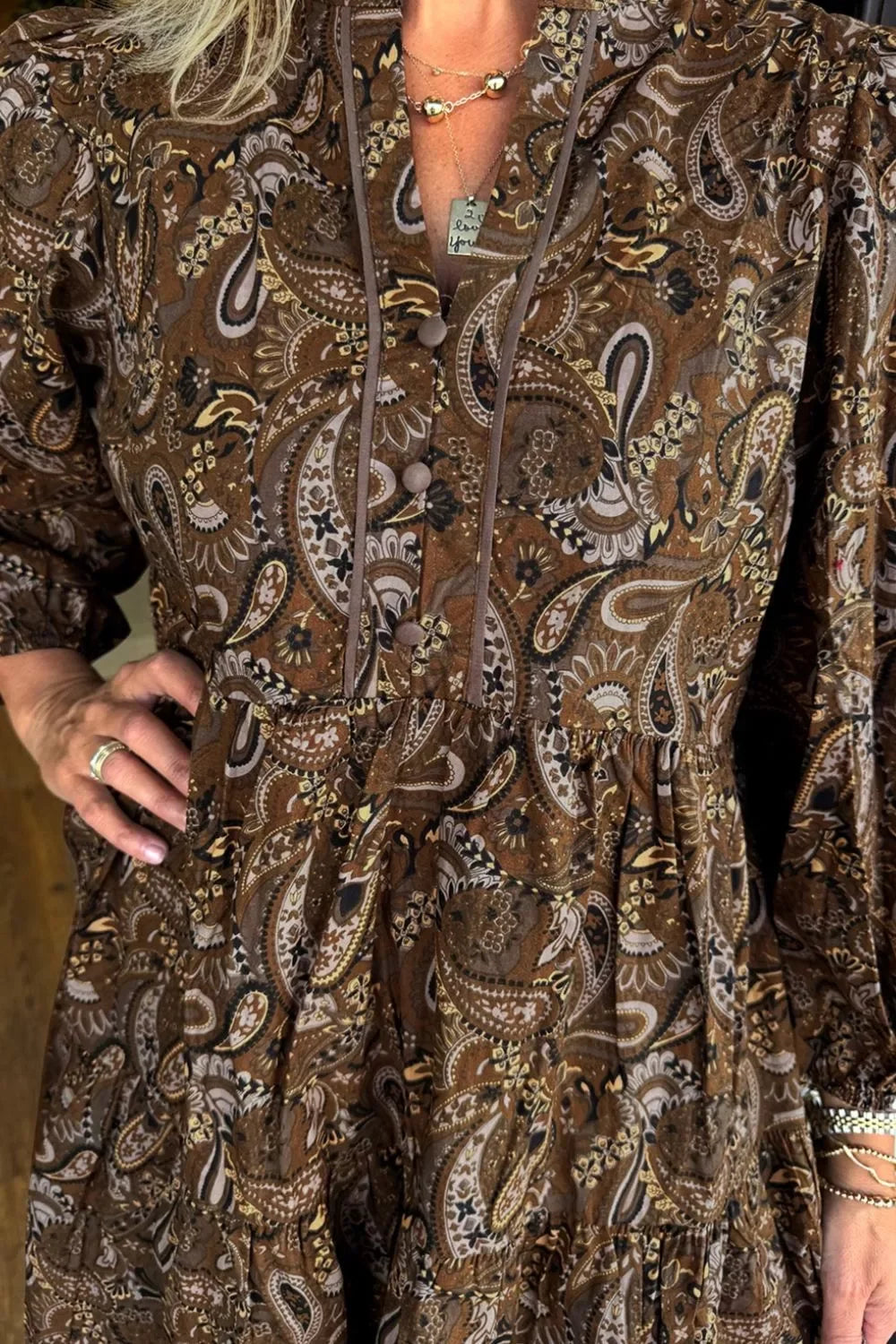 Casual Cotton Paisley Print Notched Mini Dress With Long Sleeves - Southern Shores Clothing