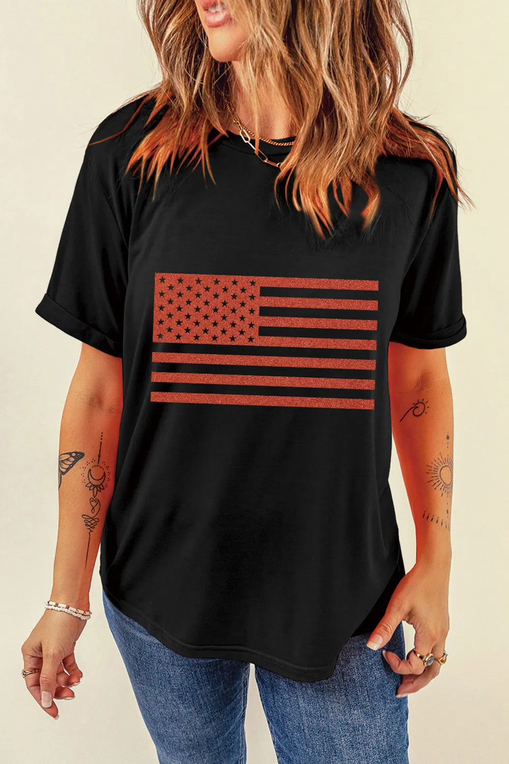 Women's US Flag Print Round Neck Short Sleeve T-Shirt