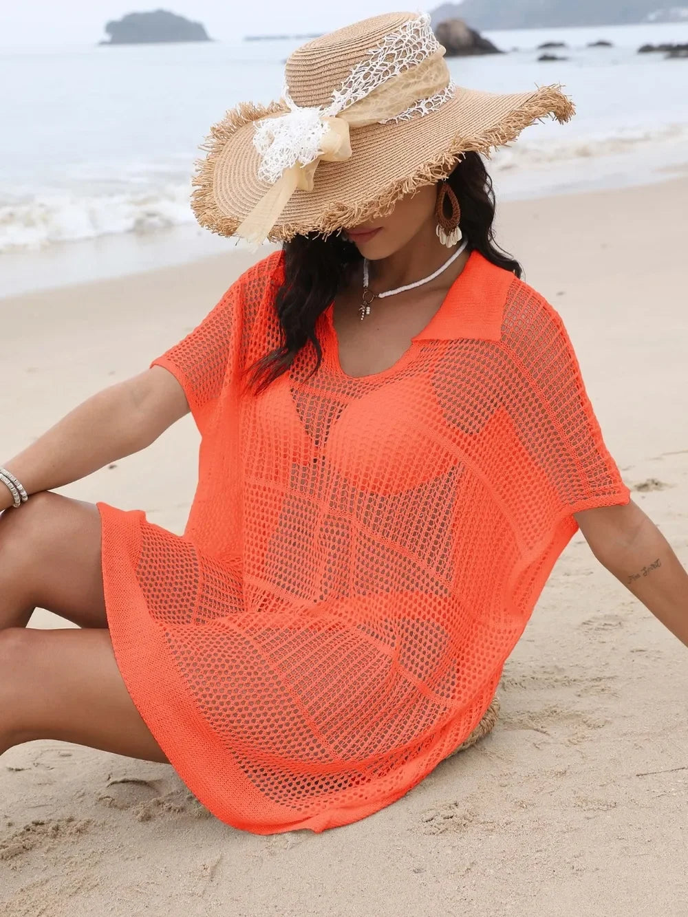 One Size Sheer Hollow Out Collared Neck Cover Up - Southern Shores Clothing