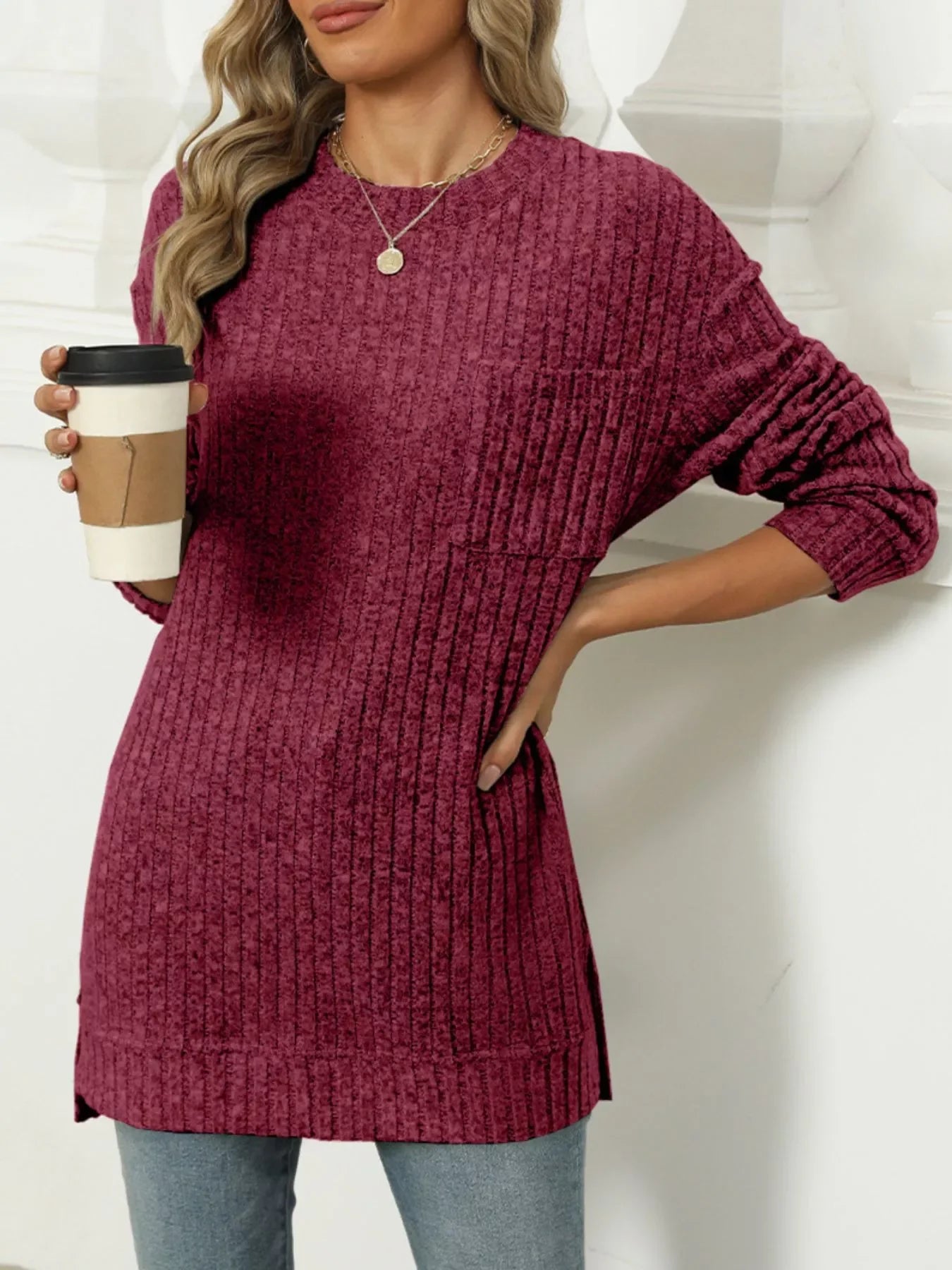 Ribbed Knit Round Neck Sweater - Southern Shores Clothing