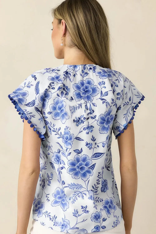 Floral Print Ricrac Trim Short Sleeve Blouse - Southern Shores Clothing
