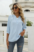 Swiss Dot Notched Neck Three-Quarter Sleeve Blouse - Southern Shores Clothing