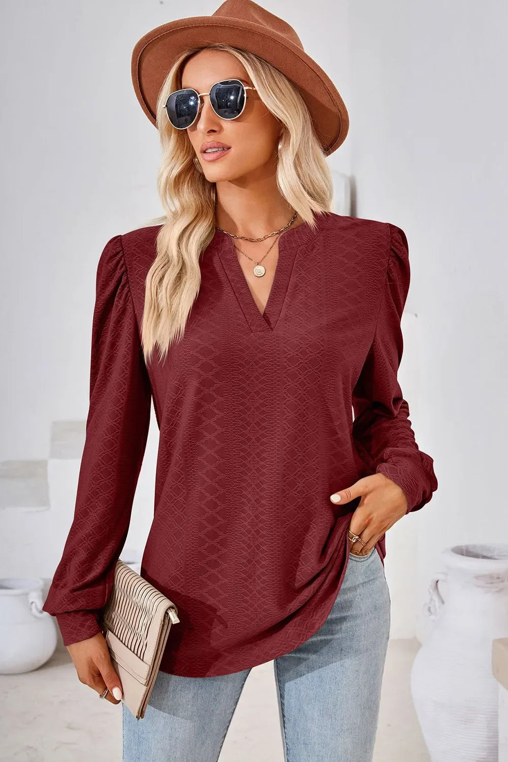 Notched Long Sleeve Top With Slightly Stretchy Fit - Southern Shores Clothing