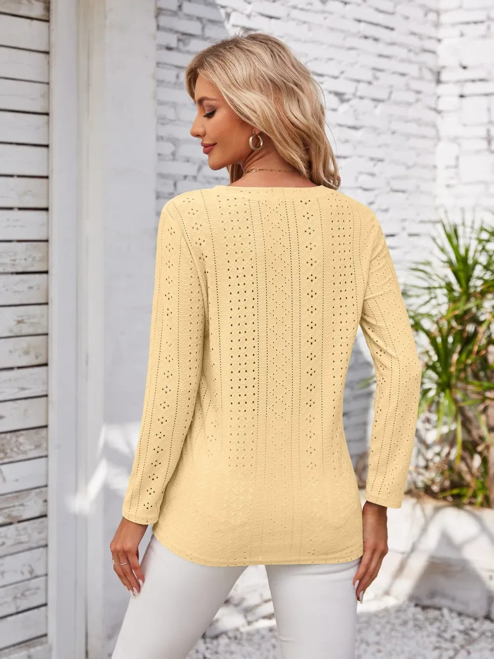 V Neck Openwork T Shirt With Decorative Buttons - Southern Shores Clothing