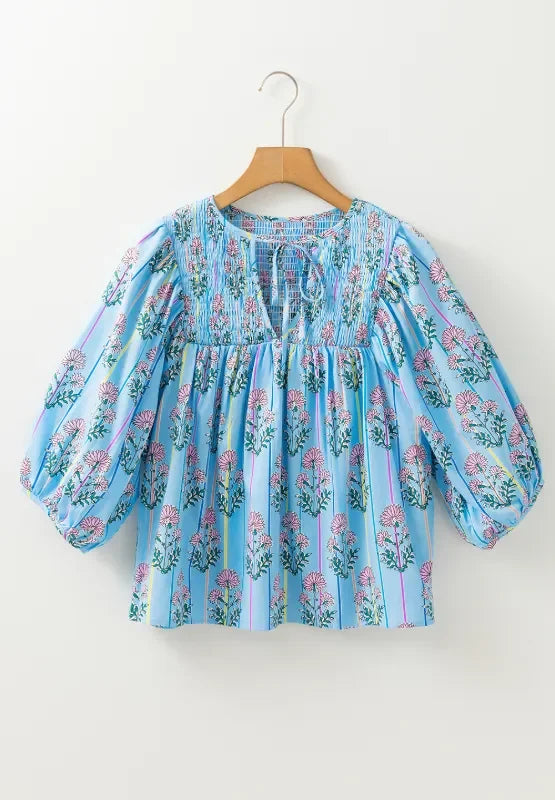 Smocked Floral Print Tie Neck Cotton Blouse - Southern Shores Clothing