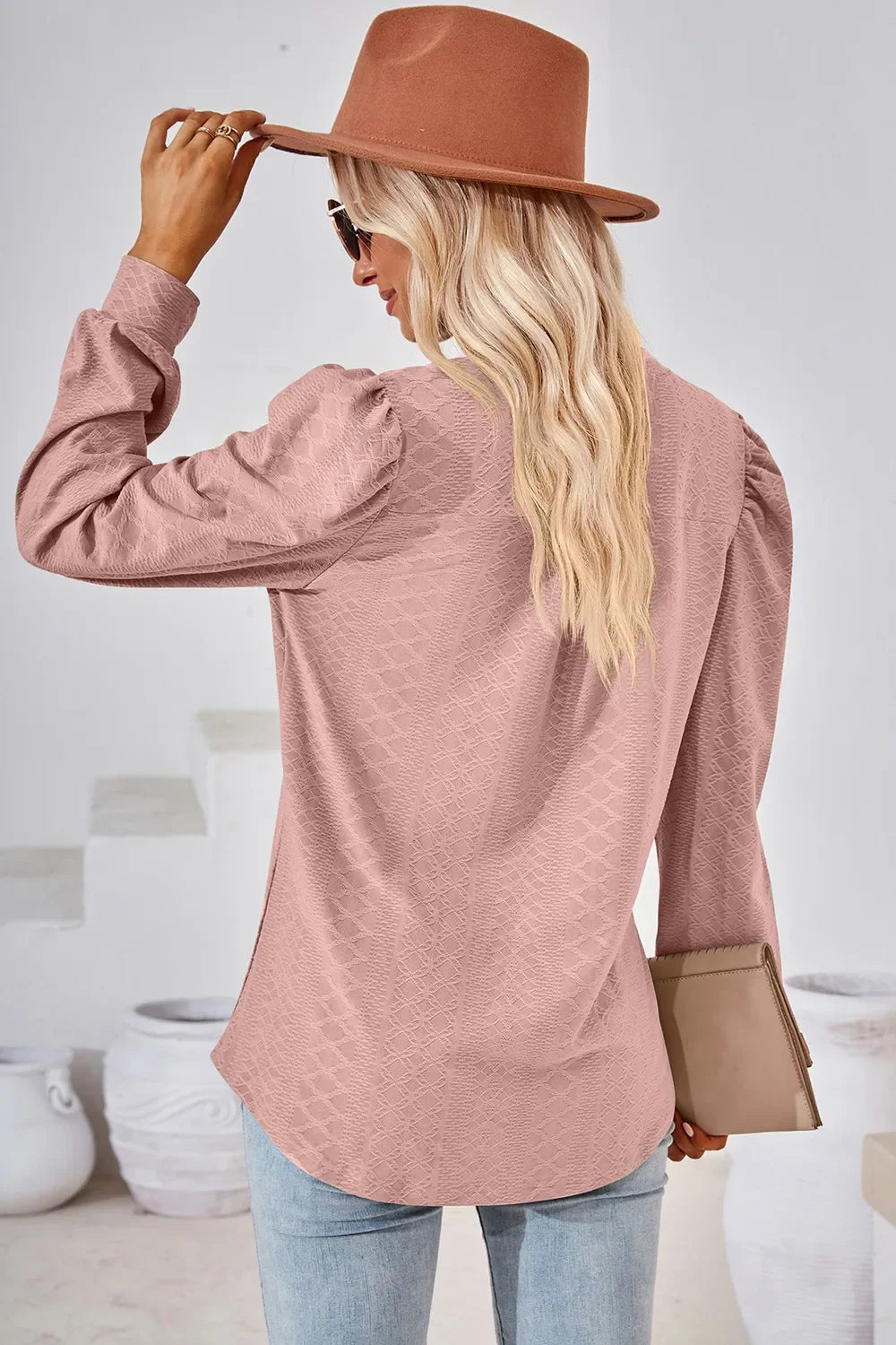 Notched Long Sleeve Top With Slightly Stretchy Fit - Southern Shores Clothing
