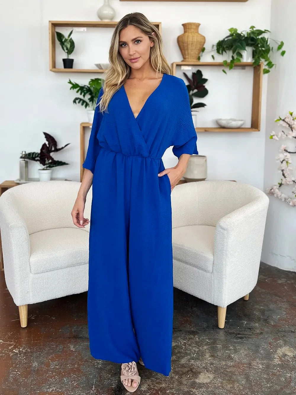 Surplice Wide-Leg Jumpsuit With Hidden Pockets - Southern Shores Clothing