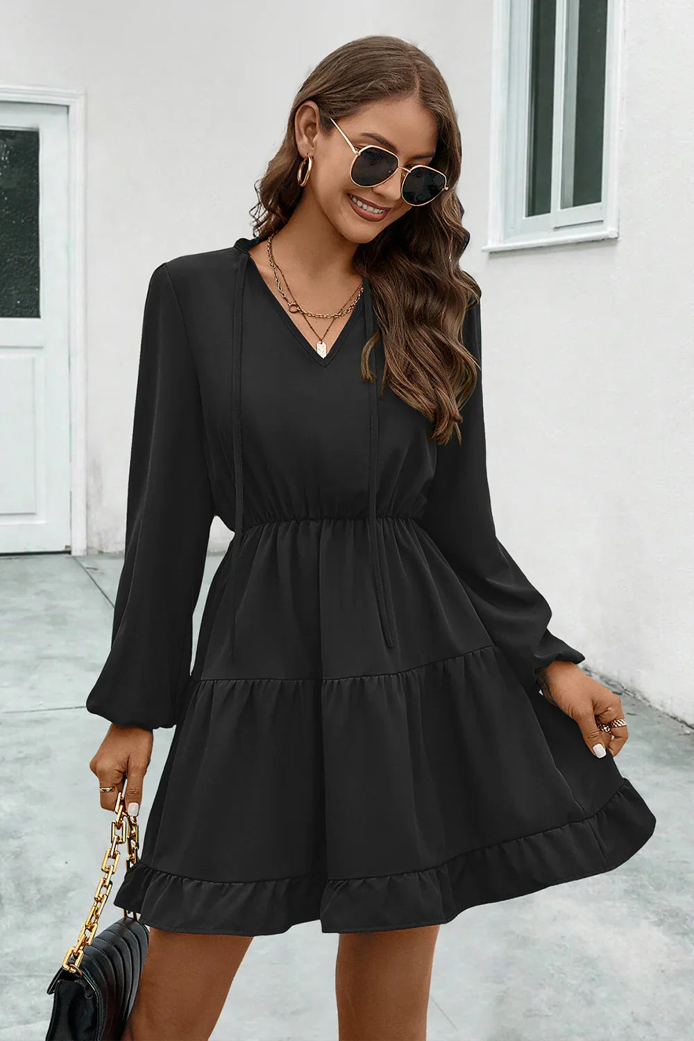 V-Neck Tie Neck Long Sleeve Dress - Southern Shores Clothing