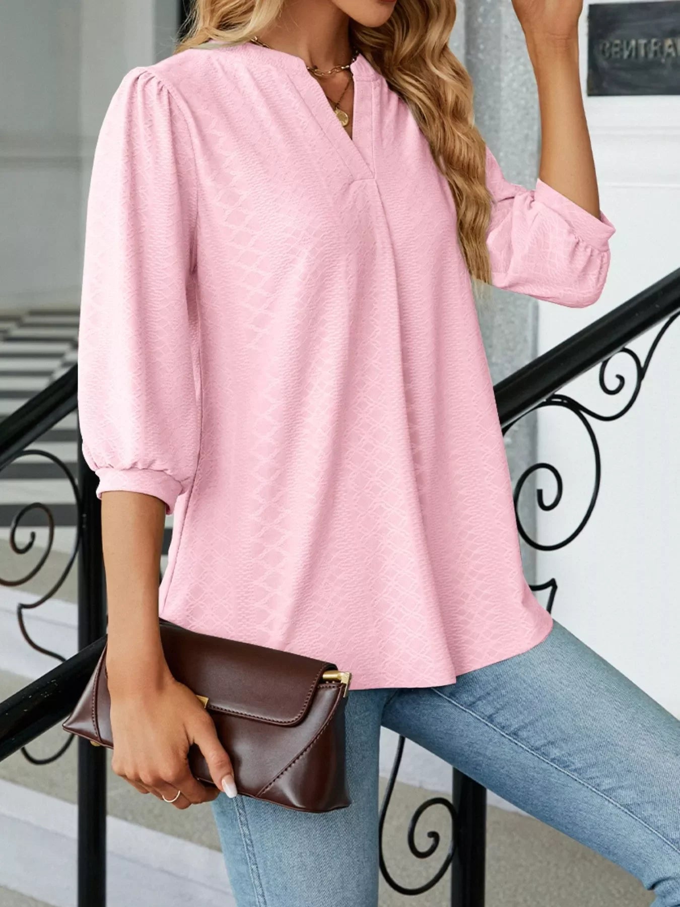 Notched 3/4 Sleeve Casual Top - Southern Shores Clothing
