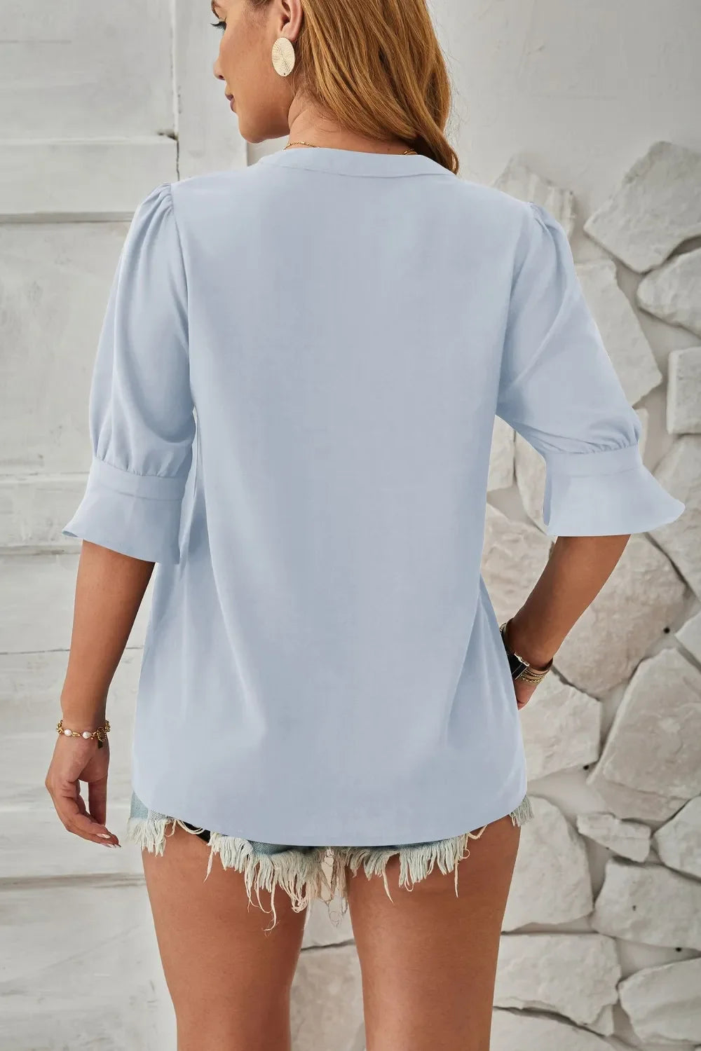 Notched Half Sleeve Blouse With Everyday Versatility - Southern Shores Clothing