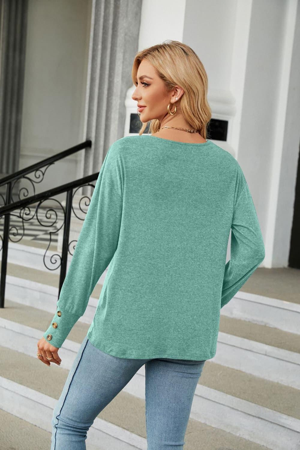 V-Neck Long Sleeve Tee With Button Detail - Southern Shores Clothing