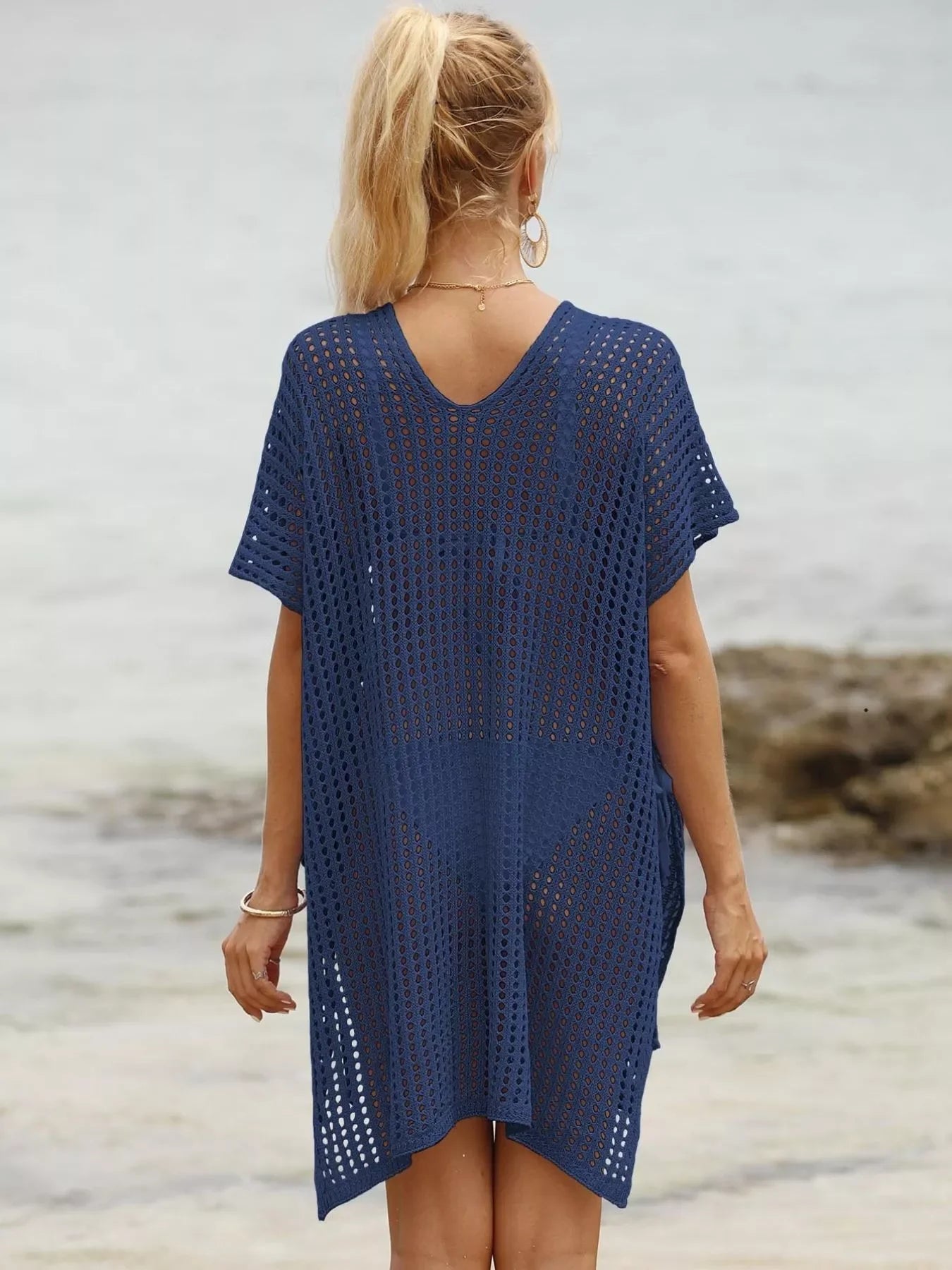 Openwork V-Neck Slit Cover-Up Mesh Knit Lightweight Relaxed Fit - Southern Shores Clothing