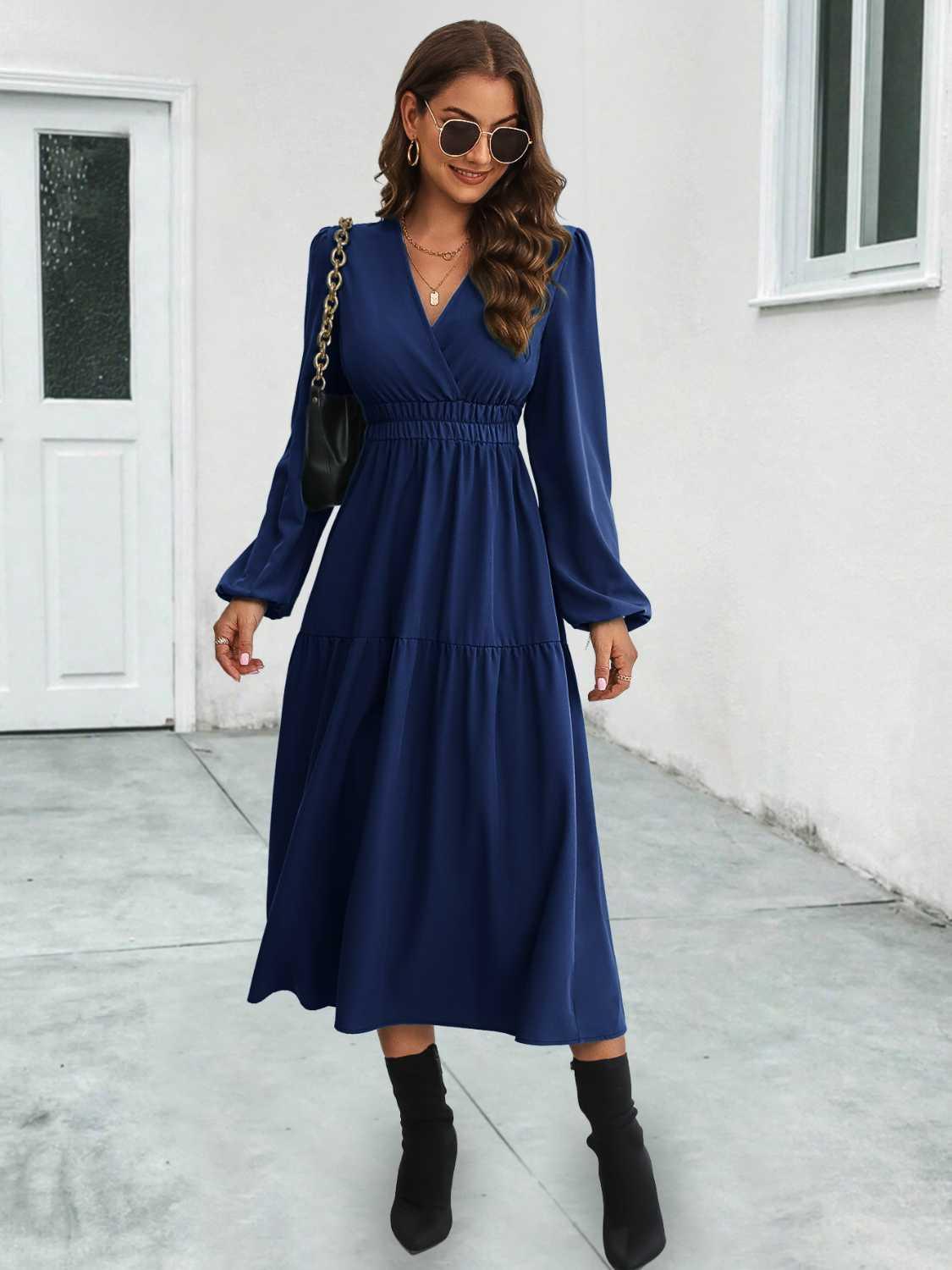 Surplice Neck Long Sleeve Midi Dress Coastal Casual - Southern Shores Clothing