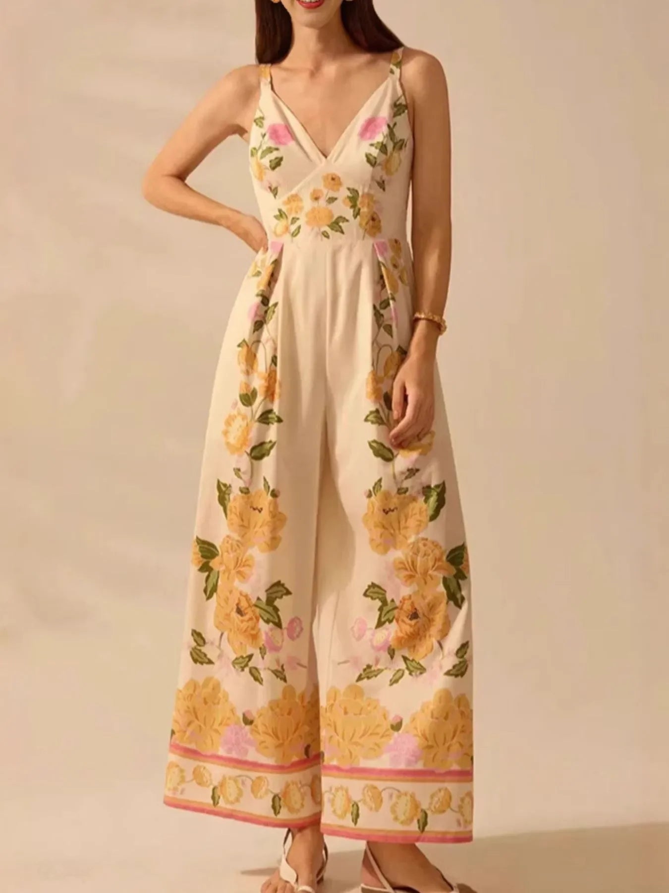 Floral Print Wide Leg V Neck Cami Jumpsuit - Southern Shores Clothing