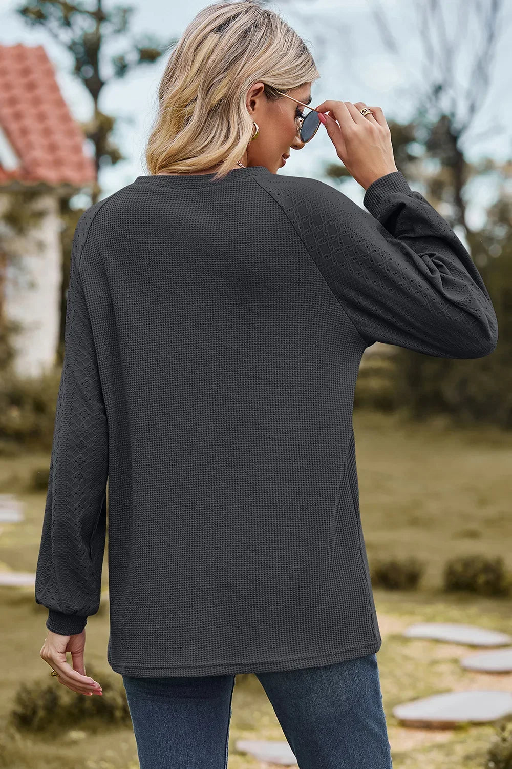 Eyelet Round Neck Long Sleeve T-Shirt - Southern Shores Clothing