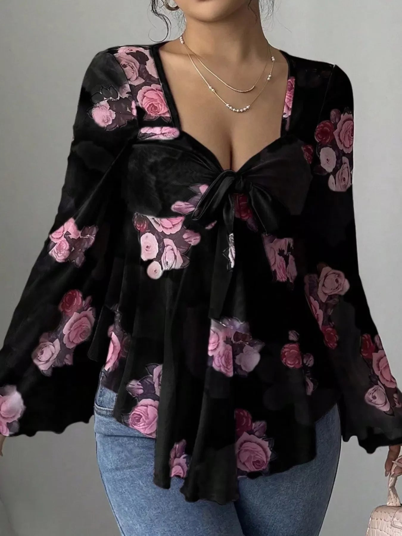Floral Print Tie Front Flare Sleeve Blouse - Southern Shores Clothing