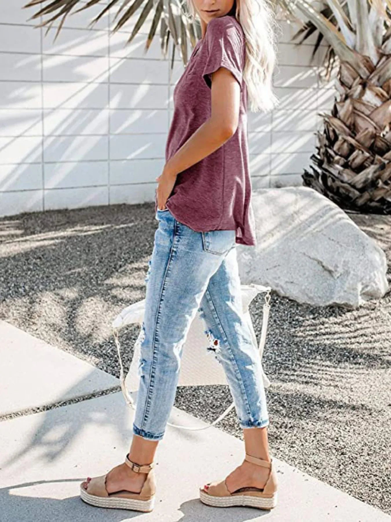 Plus Size Notched Short Sleeve T Shirt With Button Detail - Southern Shores Clothing