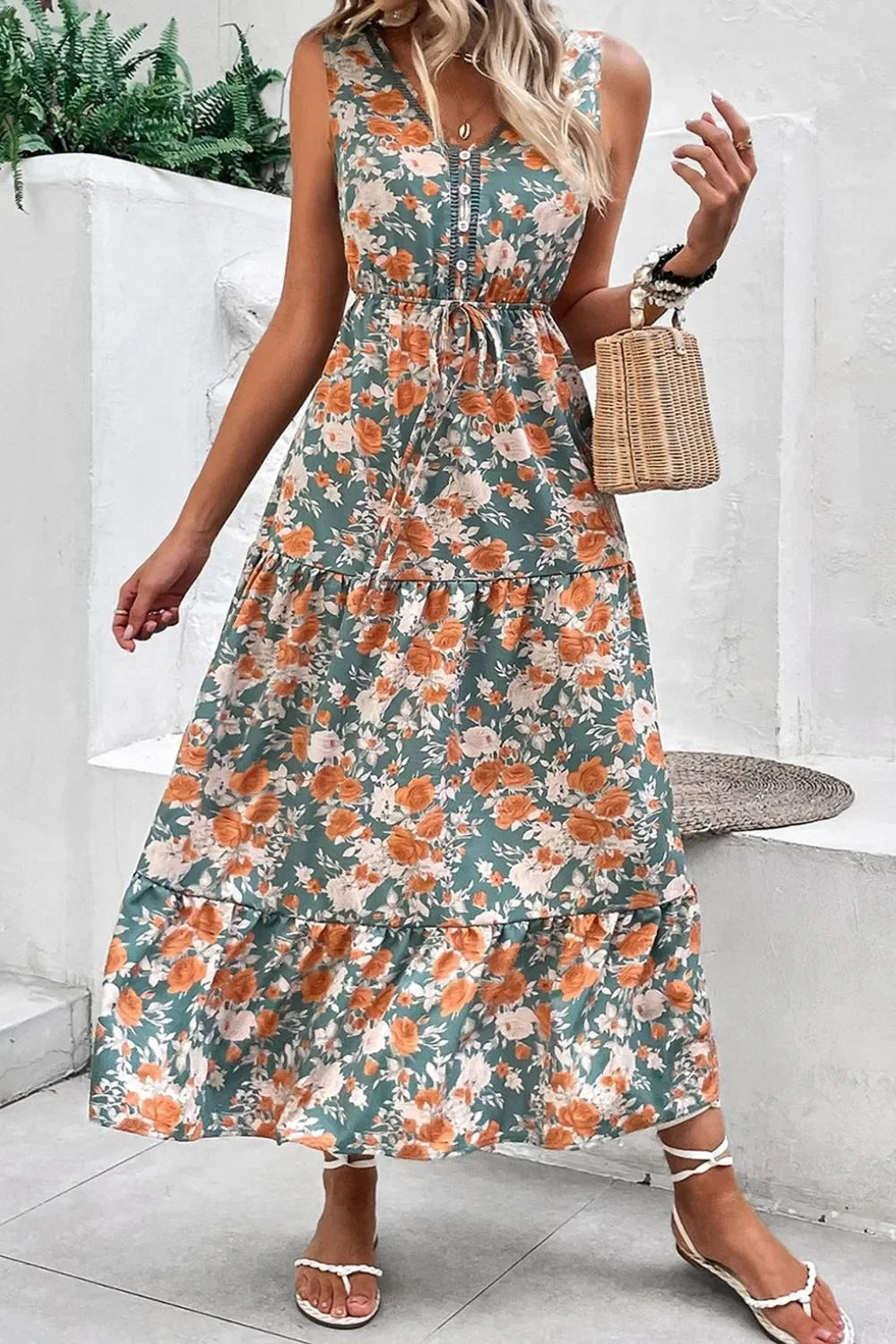 Floral Print Sleeveless V-Neck Dress With Tie Waist Tiered - Southern Shores Clothing