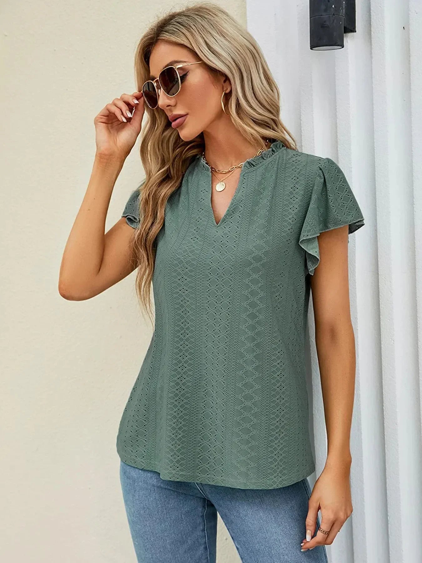 Eyelet Notched Short Sleeve T Shirt With Frills Stretchy - Southern Shores Clothing