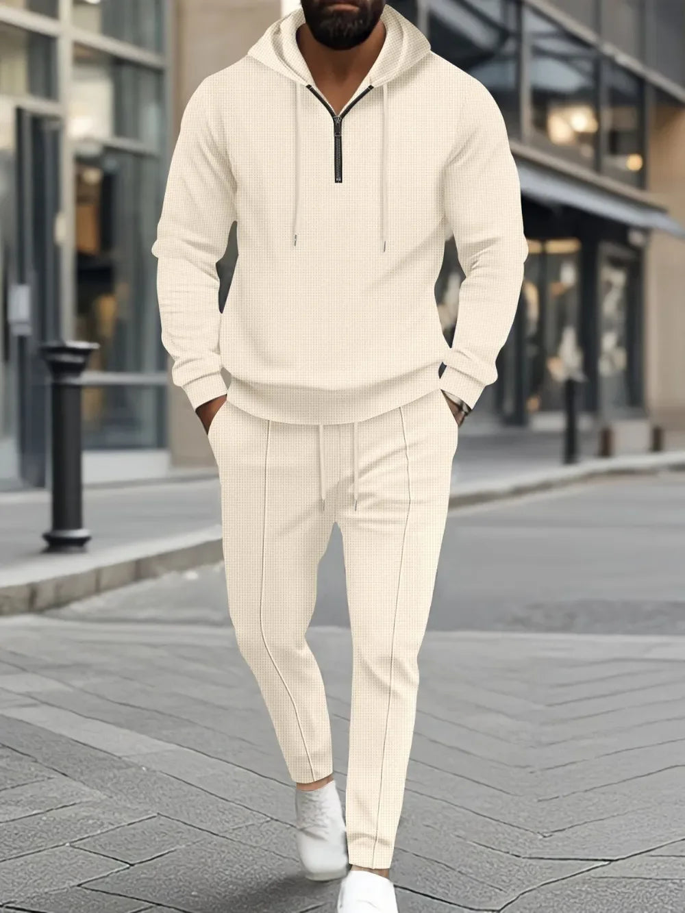 Men's Full Size Waffle-Knit Half Zipper Hoodie and Pants Set Plus Size - Southern Shores Clothing