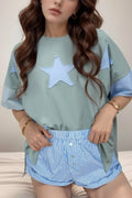 Oversized Frayed Denim Star Applique Tee With Patches - Southern Shores Clothing