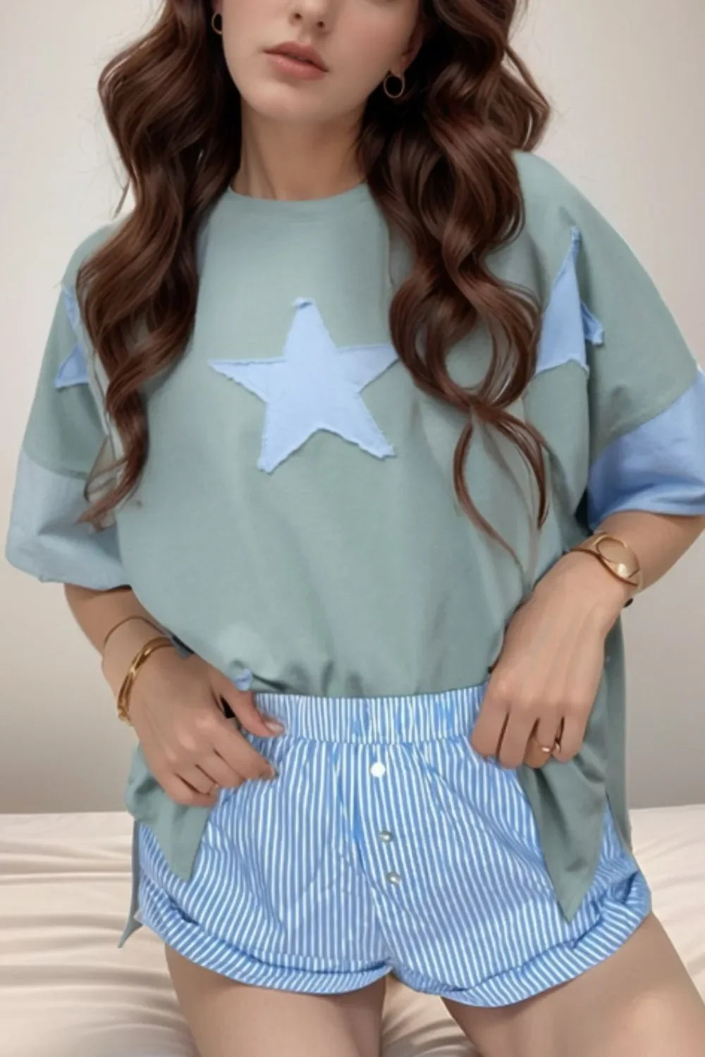 Oversized Frayed Denim Star Applique Tee With Patches - Southern Shores Clothing