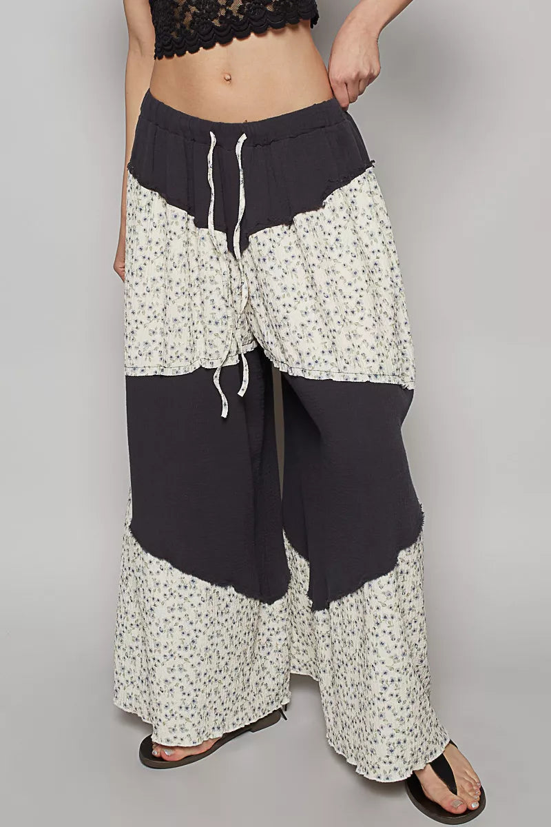 Southern Shores Women's Contrast Floral Drawstring Wide Leg Pants