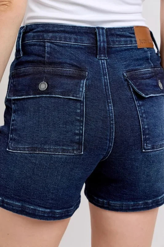 High Waist Denim Shorts With Back Flap Pocket Plus Size - Southern Shores Clothing